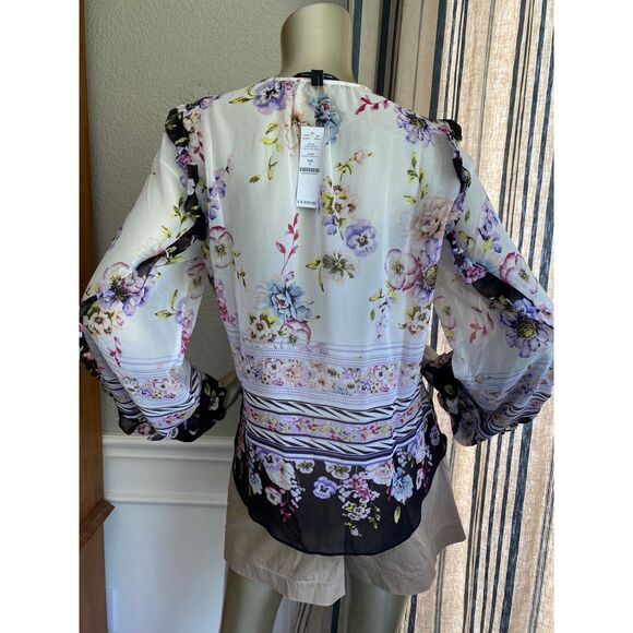NWT White House Black Market Floral Print Ruffle Trim Blouse S - Picture 7 of 8
